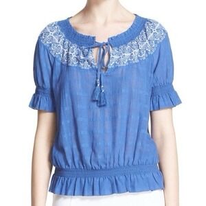 Tory Burch Nina Embroidered Peasant Short Sleeve Blouse in Blue Size XS